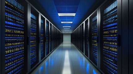 Fototapeta premium Futuristic server room with glowing blue and yellow lights in symmetrical rows. Ideal for tech ads, cybersecurity banners, data center promotions, or AI infrastructure visuals