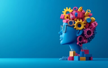 Thinking consumer illustration, person with gears in their head comparing shopping items, decisionmaking process, 3D style, vibrant lighting, financial awareness concept