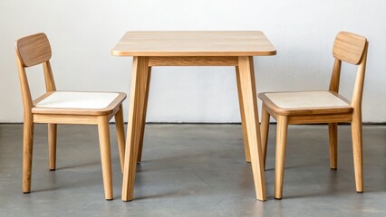 Modern wooden table with two matching chairs in a minimalist setting., Sustainable Furniture concept