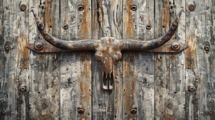 Weathered oak planks with antique wrought iron nail heads and a bull skull creating a rustic Western atmosphere