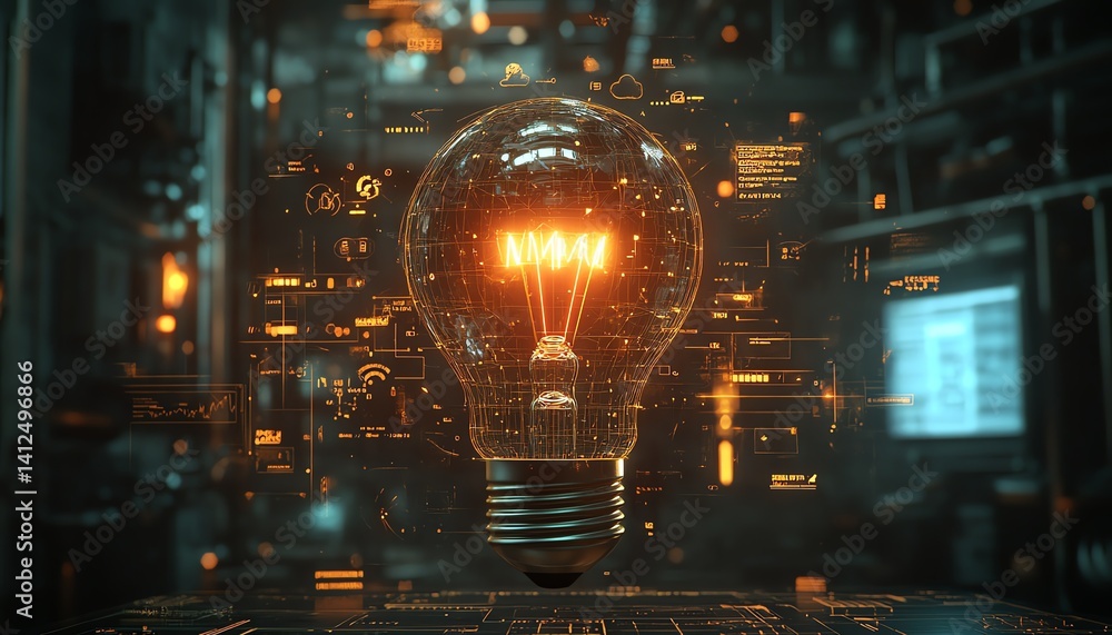 Poster glowing lightbulb in futuristic tech setting. innovation concept.
