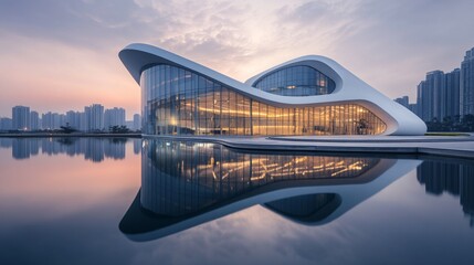Modern building with curved design reflected in water at dusk or dawn.