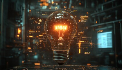 Glowing lightbulb in futuristic tech setting. Innovation concept.