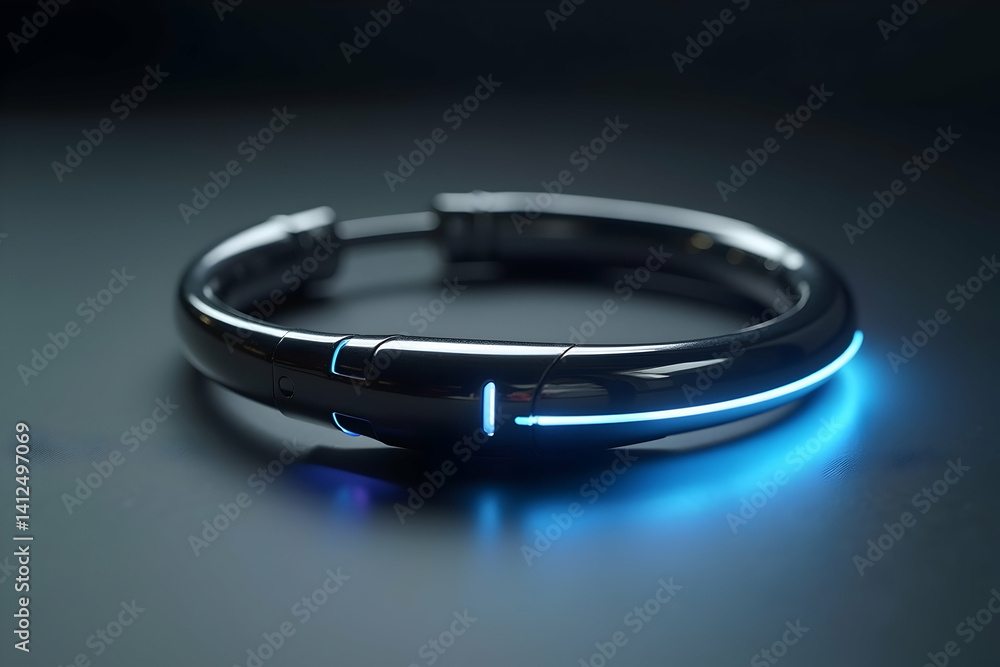 Poster futuristic wearable technology, a close-up macro shot showcasing a sleek, illuminated device with ad