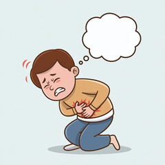 A person with cramps with a blank speech bubble, cartoon design, isolated white background, medical allergy symptoms concept
