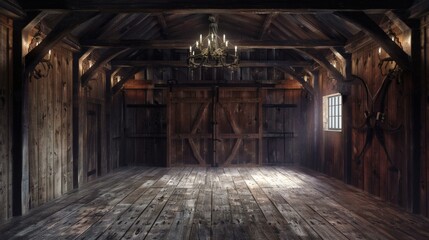 Rustic Barn Interior with Chandelier: Wooden Walls, Planks, Window, and Vintage Decor