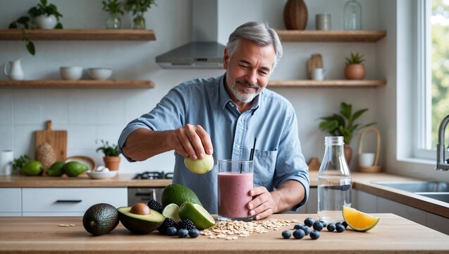 High-resolution, highly detailed digital photograph of a modern kitchen filled with natural light, where a middle-aged man is preparing a healthy smoothie using fresh fruits and vegetables. - Powered by Adobe
