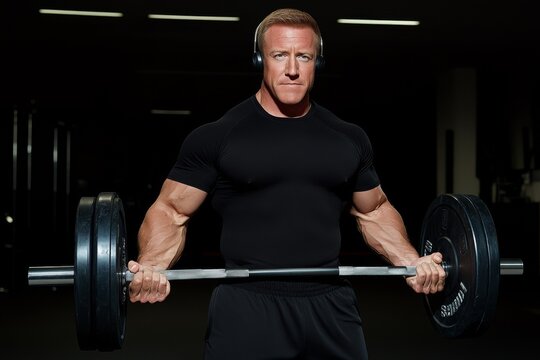 A sport photo concept in the gym shows a muscular athletic bodybuilder who is also a fitness model, training his arms with a barbell