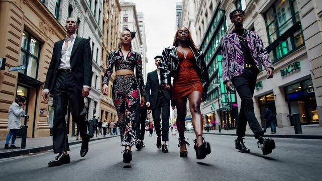 Street-level video shot of stylish individuals walking confidently in urban setting, showcasing bold fashion and dynamic energy.