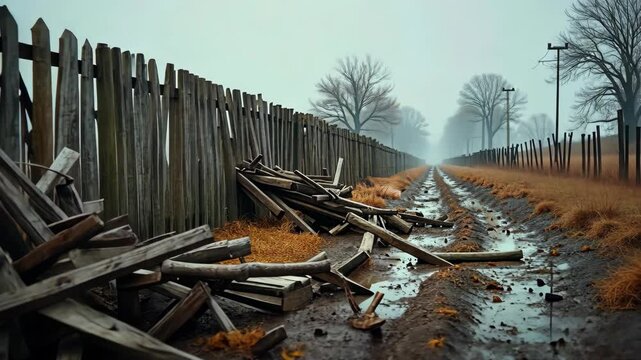A misty landscape featuring a broken wooden fence alongside a muddy path, evoking a sense of decay and solitude.