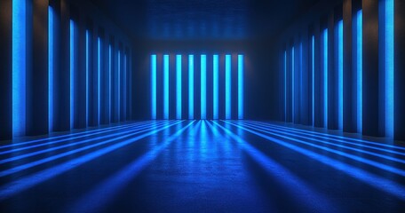 Fototapeta premium A large room with blue lights and a blue floor