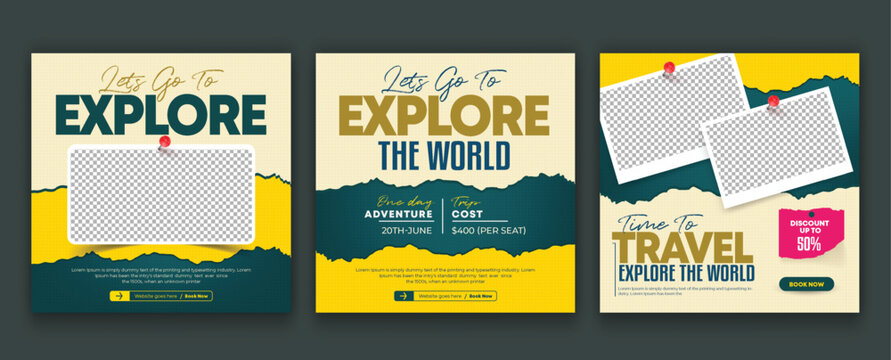 Explore the World Travel and Tour Social Media Templates set. Travelling, tourism, summer holiday tour online marketing banner poster design