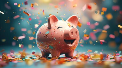 Happy Pink Piggy Bank Surrounded by Colorful Confetti for Celebration