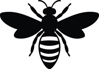 Top view silhouette of a bee with striped body and extended wings, black vector insect illustration for pollination themes, garden wildlife, honeybee icons, or natural ecosystem visuals
