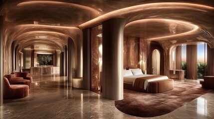 Obraz premium Luxurious, modern bedroom suite with warm, earthy tones