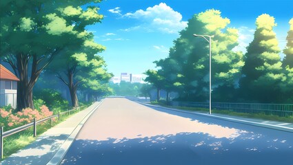 青空の下 街路樹が並ぶ夏の朝の風景 広々とした道路と日差しが降り注ぐ爽やかな情景
