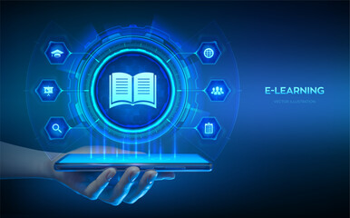 E-learning. Innovative online education and internet technology concept. Webinar, teaching, online training courses. Skill development. Smartphone in hand. Using smartphone. Vector illustration.