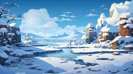 Pixelated Winter Landscape with Snow Covered Mountains and Frozen River under Cloudy Blue Sky Outdoor Scenic View