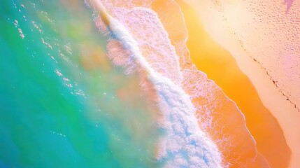 Naklejka premium Soft waves break on a golden sandy beach under a clear blue sky, reflecting the warmth of a sunny summer afternoon