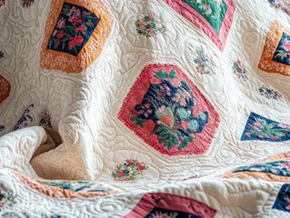 A luxurious quilt delicate hand-stitched embroidery, its pattern harmonizing ornate floral motifs and bold geometric shapes, symbolizing  unity of global textile traditions