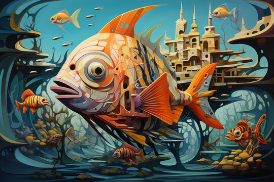 Surreal cubist underwater world with abstract fish and coral formations