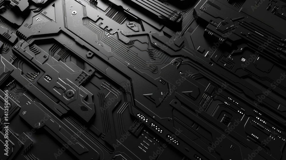 Poster discover a sleek, dark cyber background featuring intricate patterns and textures. this futuristic d