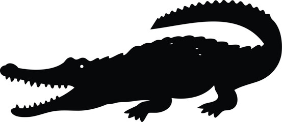 Obraz premium Silhouette of a crocodile crawling with wide open jaws, front-side perspective vector illustration for wildlife, jungle animals, predator symbols, and aggressive reptile-themed visual projects