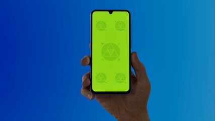 Caucasian White old male using smartphone with a blank green screen. Mobile app video mockup. Vertical phone orientation