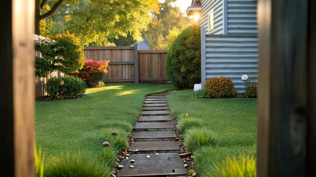 A charming pathway leads through a wooden fence into a serene garden, showcasing a peaceful suburban setting.