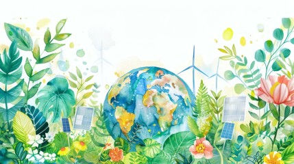 Watercolor Earth Globe with Renewable Energy Elements for Environmental Conservation