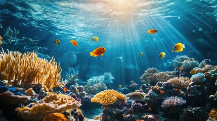 Obraz premium Underwater scene with fish and coral reef creating a vibrant marine environment