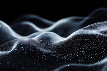 Obraz premium futuristic abstract data network with flowing lines and interconnected points, set against a minimalistic dark background, designed for a web banner with copy space