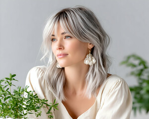 Woman with platinum blonde bob haircut and fringe, wearing white blouse and pearl earrings, looking thoughtfully