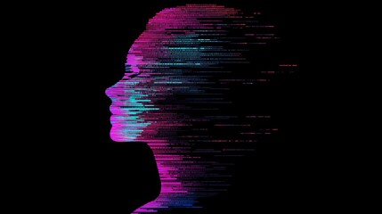 Abstract human silhouette filled with glitch textures and binary code, vaporwave-inspired, blank zone for text