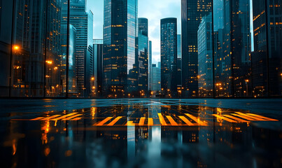 Obraz premium Urban skyline at dusk with illuminated buildings reflecting on wet pavement, creating a vibrant cityscape