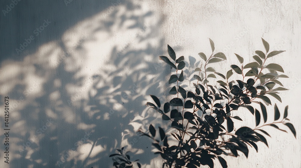 Poster abstract natural tree leaves shadow on white wall background, creating a soft and delicate botanical