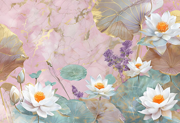 White lotus flowers with aquatic plants on pink background. Floral wallpaper on pink marble texture. Watercolor floral wallpaper with white lotus flowers.