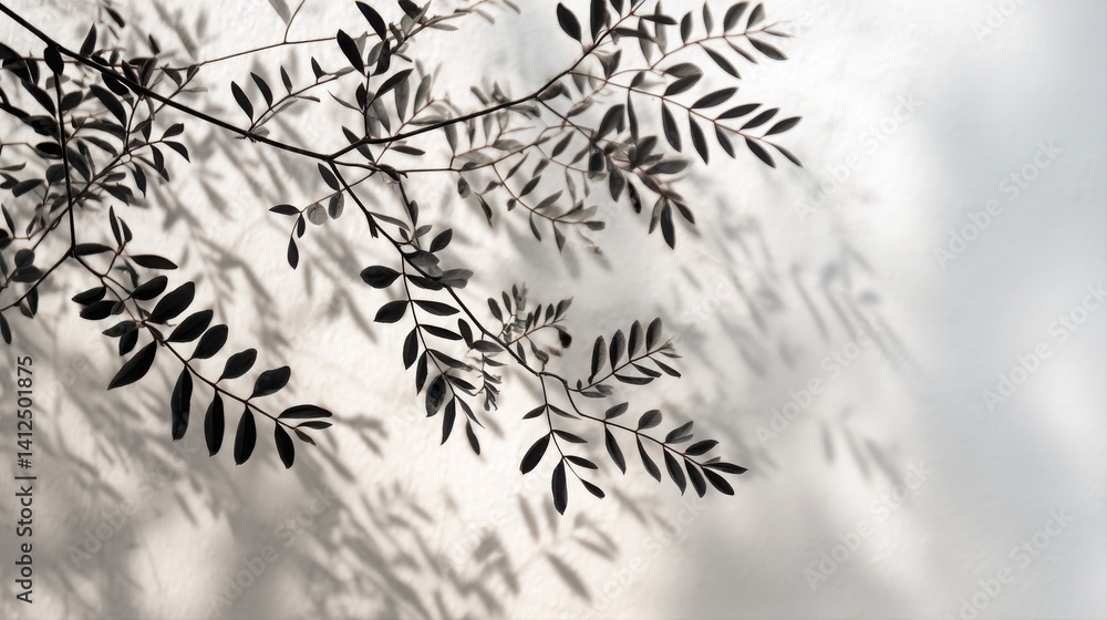 Poster abstract natural tree leaves shadow on white wall background, creating a soft and delicate botanical