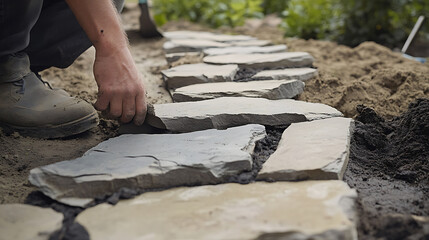 Mason building a stone garden path. Featuring masonry and landscaping