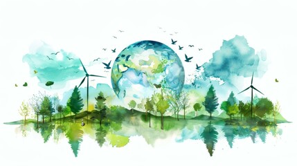 Earth Day watercolor illustration with globe, trees, wind turbines, and birds promoting environmental awareness and sustainability