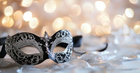 Elegant black and silver masquerade mask with shimmering bokeh lights