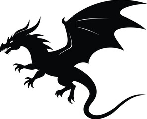 Naklejka premium Aggressive pose silhouette of a flying fantasy dragon with open wings and fierce expression, black vector illustration for RPGs, fantasy stories, legends, and mythical beast-themed artworks