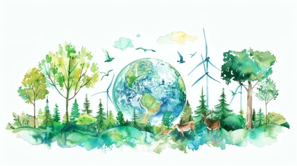 Artistic watercolor illustration of the Earth surrounded by lush greenery, wildlife, and wind turbines, symbolizing environmental harmony