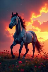 Wild stallion, vibrant hues, dramatic backdrop, power, energy