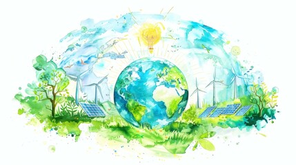 Watercolor Earth Globe with Renewable Energy Sources and Nature Illustration for World Environment Day Concept
