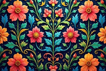 Intricate floral textile design, repeating seamlessly , wallpaper pattern, background pattern