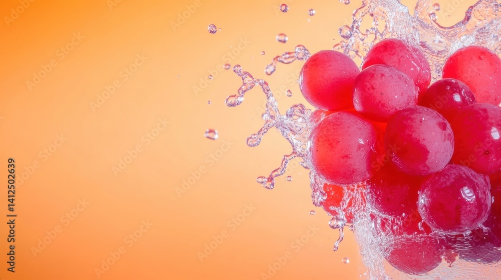 Poster red grapes create a dynamic splash as they are submerged in water, highlighted by a warm orange back