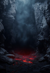 Dark background with rocks on theleft and right, lava flowing down from top to bottom, dark red light in the middle of the frame, empty spacein the center for product display