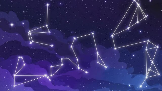 Glowing constellations in the night sky with nebulous clouds and bright twinkling stars, cosmic patterns