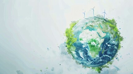 Earth Day Watercolor Globe Surrounded by Lush Greenery and Wind Turbines Symbolizing Environmental Awareness and Sustainable Energy